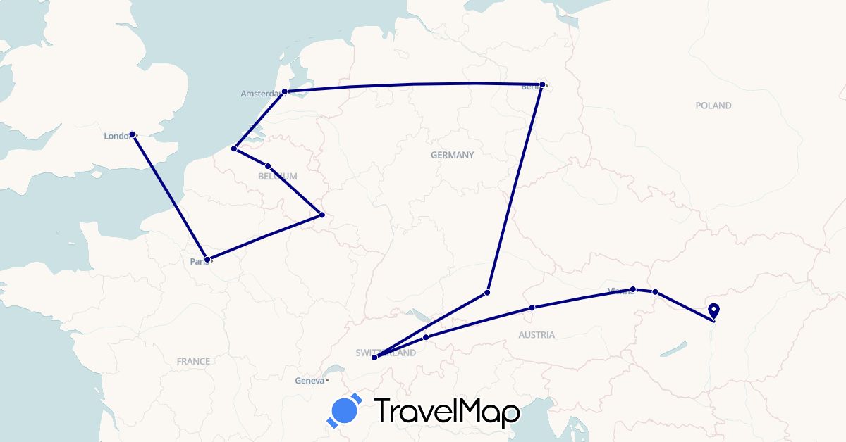 TravelMap itinerary: driving in Austria, Belgium, Switzerland, Germany, France, United Kingdom, Hungary, Liechtenstein, Luxembourg, Netherlands, Slovakia (Europe)